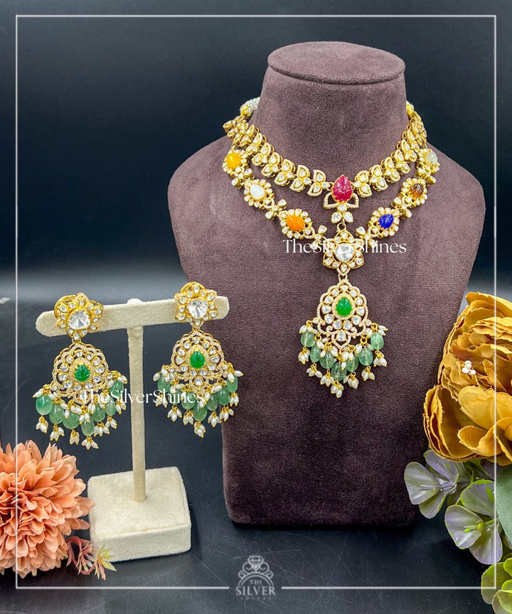 Indrani Tara -  Navratna Moissanite Polki Detachable Set with Earrings