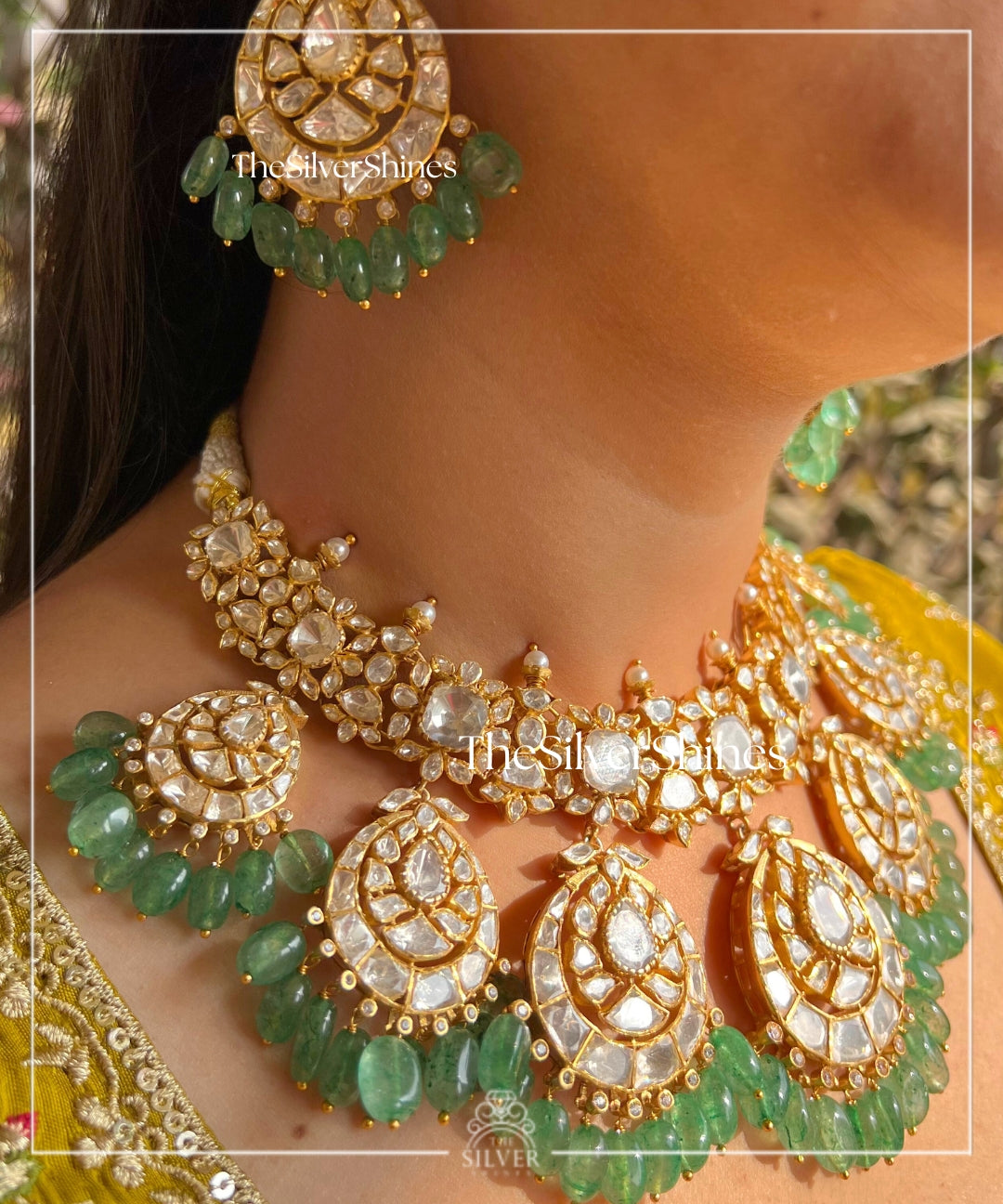 Rani Noor - Moissanite Polki Royal Wedding Necklace with Heavy Earrings