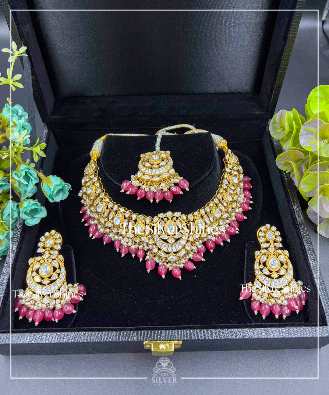 Kailasa - Moissanite Polki Traditional Necklace with Earrings and Maangtika