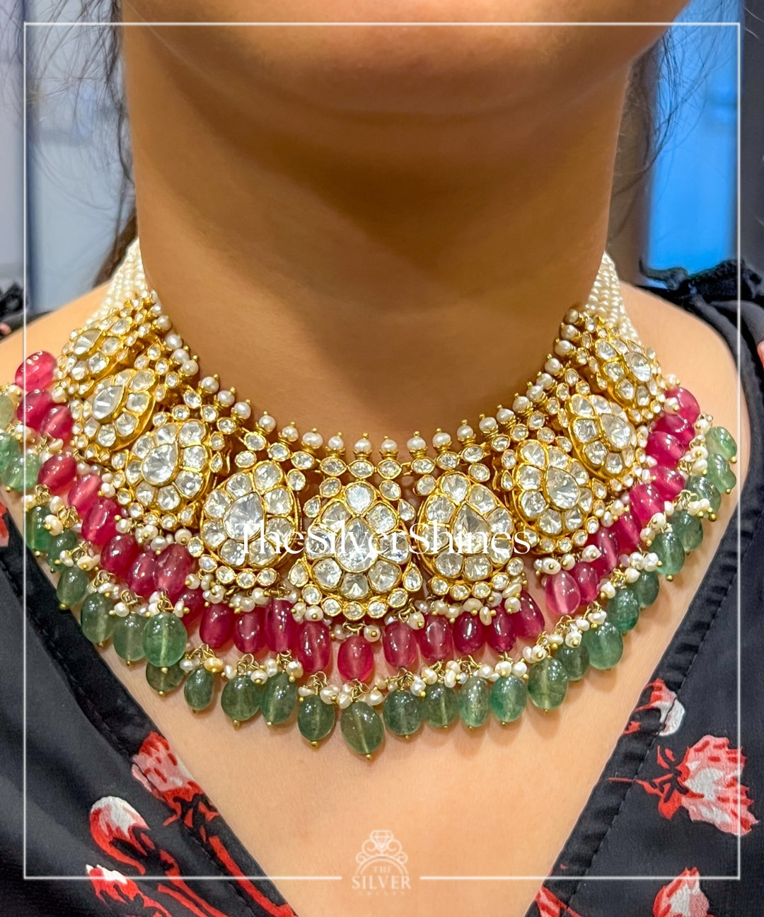 Chandra - Moissanite Polki Heavy necklace with Earrings and Maangtika