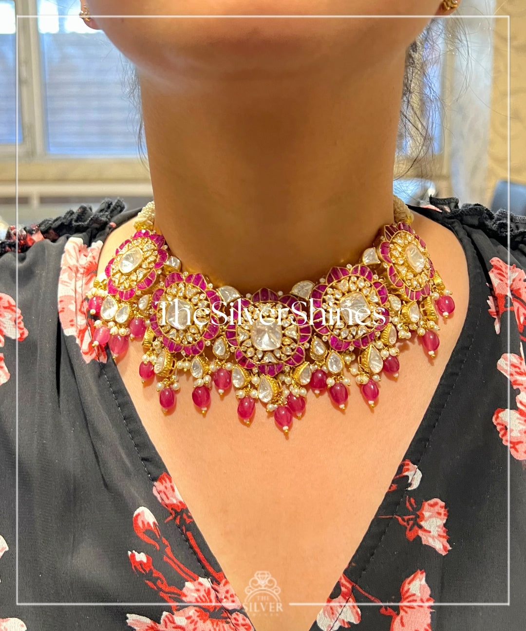 Divya - Ruby Moissanite Polki Choker with Earrings