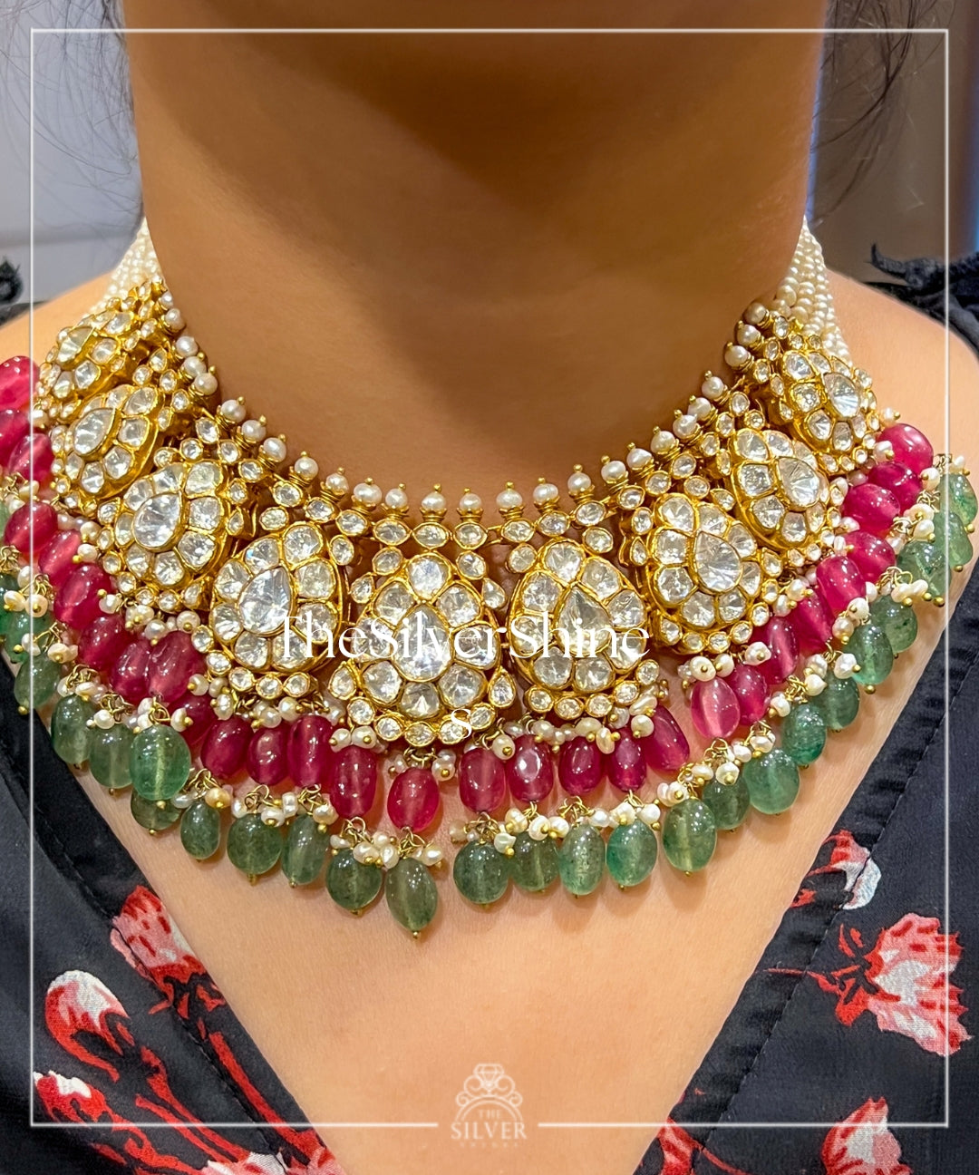 Chandra - Moissanite Polki Heavy necklace with Earrings and Maangtika