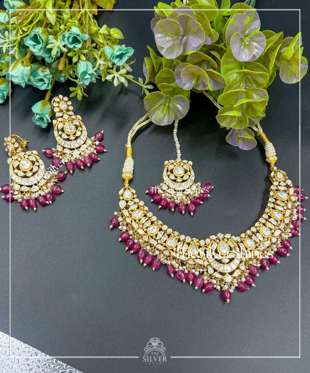 Kailasa - Moissanite Polki Traditional Necklace with Earrings and Maangtika