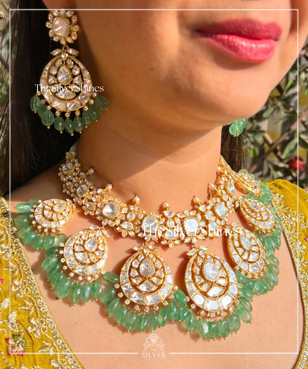 Rani Noor - Moissanite Polki Royal Wedding Necklace with Heavy Earrings