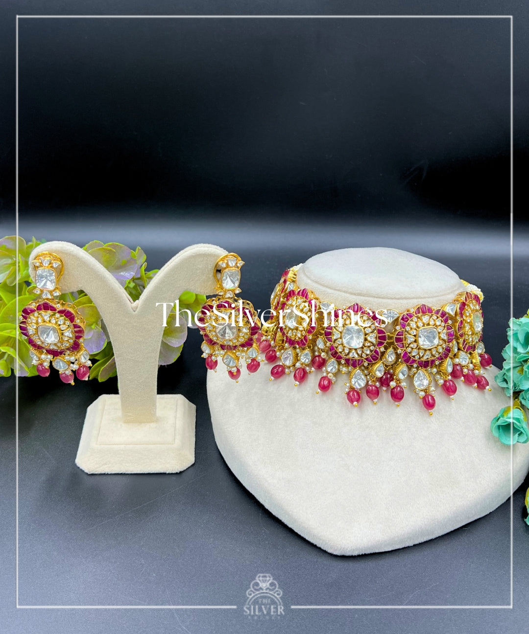 Divya - Ruby Moissanite Polki Choker with Earrings