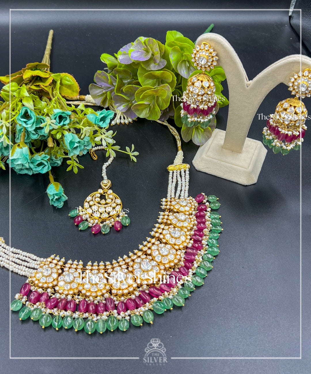 Chandra - Moissanite Polki Heavy necklace with Earrings and Maangtika