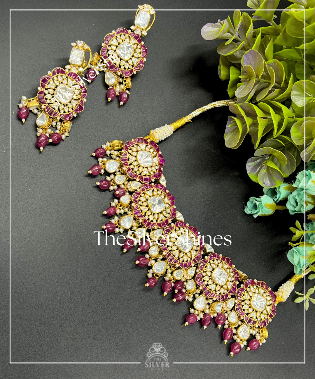 Divya - Ruby Moissanite Polki Choker with Earrings