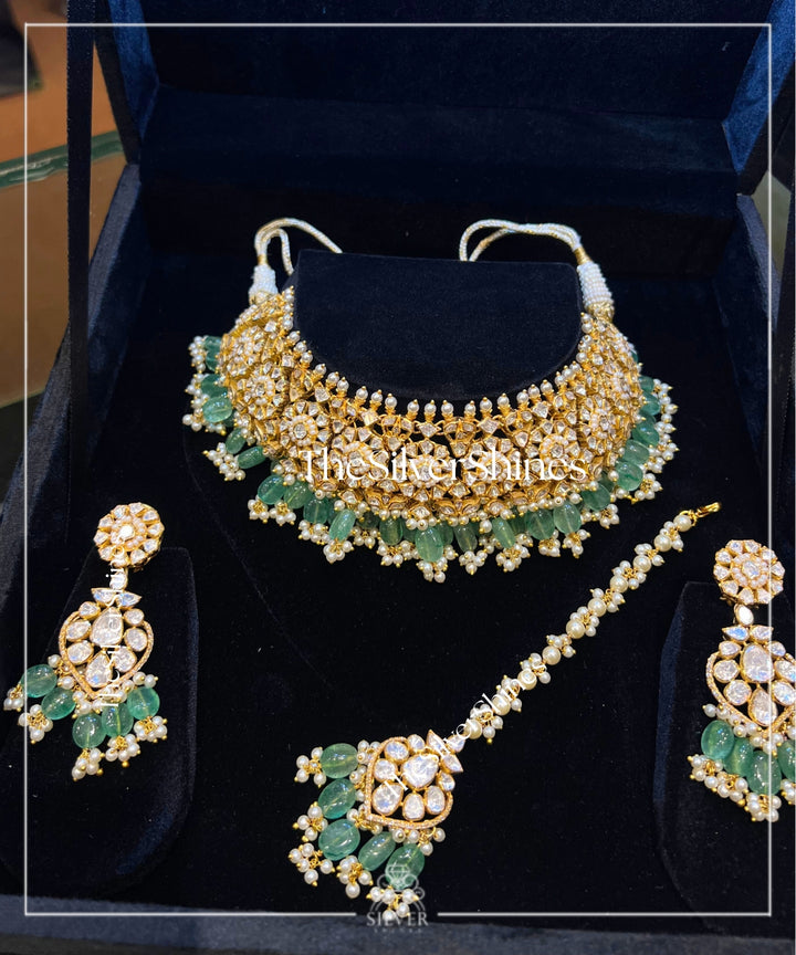 Tarang - Moissanite Polki Heavy Choker with Earrings & Maangtika