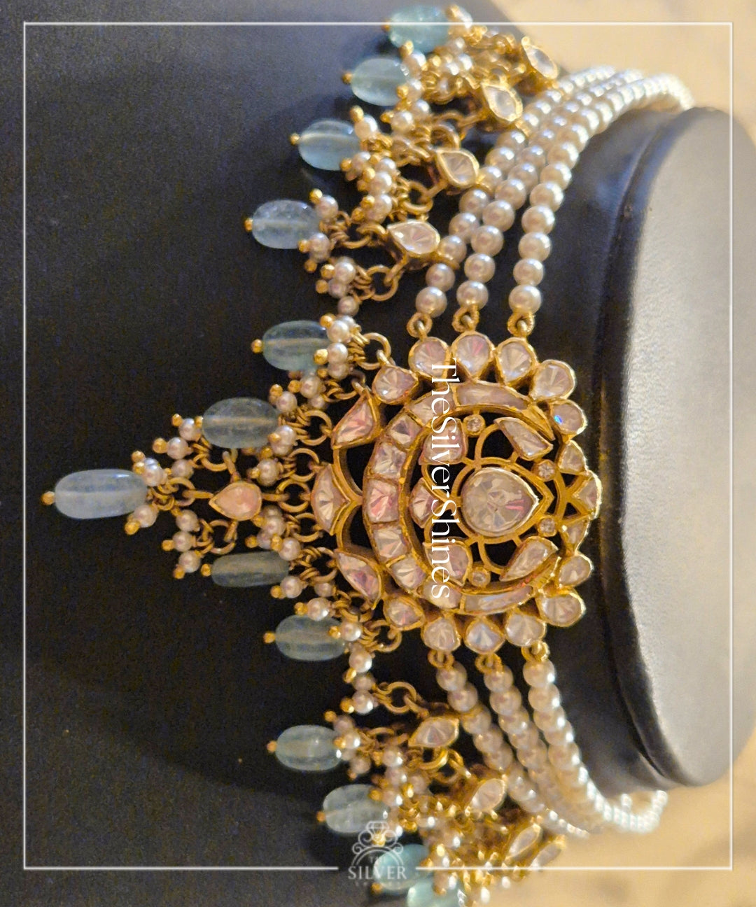 Aarohi - Moissanite Polki and Semi Precious stones Small Choker with Earrings